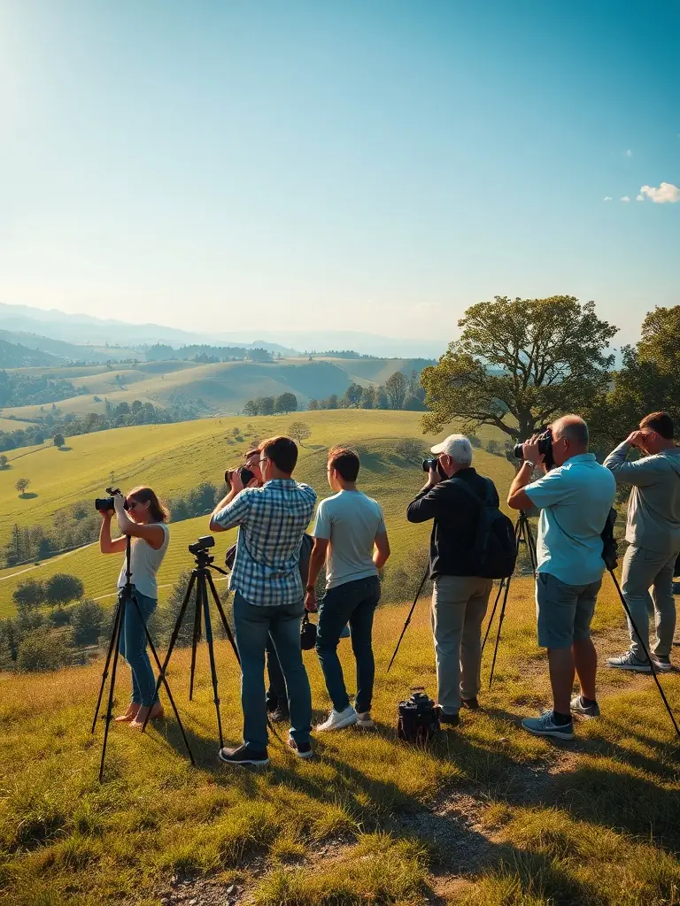 A group of photography club members participating in an outdoor photography workshop in the French countryside, focusing on landscape photography.