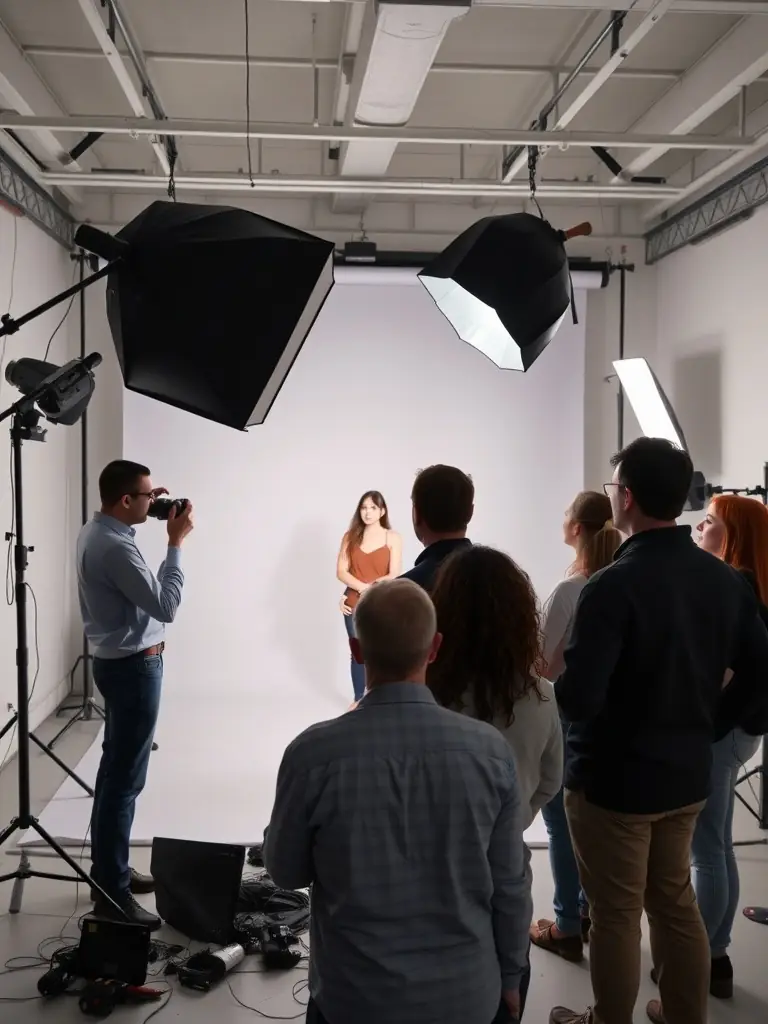 A photo of a workshop session where members are learning about portrait lighting techniques from an experienced photographer.