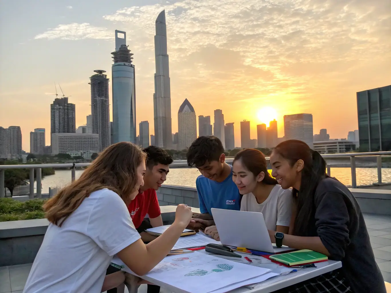 A group of young photographers from PHOTO CLUB VEZERE MONEDIERES working together on a collaborative project, creating a photo essay about local heritage. The image should emphasize teamwork, creativity, and the club's dedication to youth engagement.