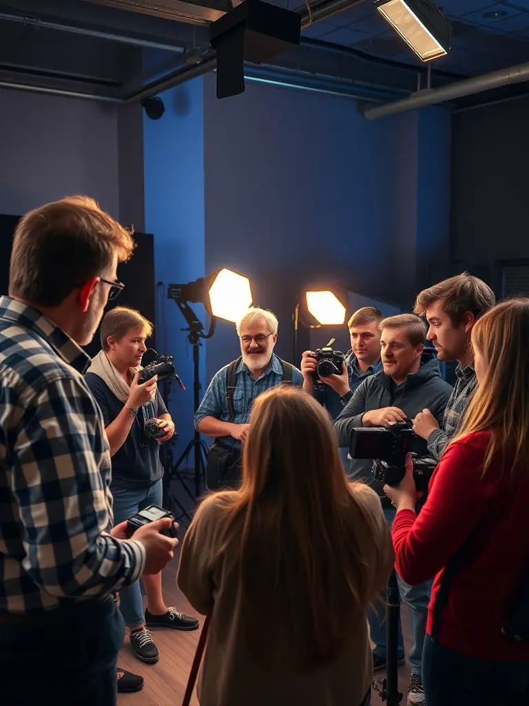 A studio setup during a portrait photography workshop, with a model posing and participants learning about lighting and posing techniques.