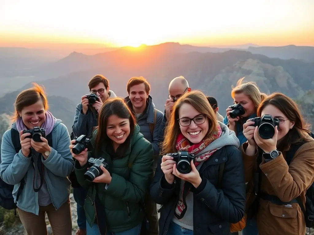 A group of PHOTO CLUB VEZERE MONEDIERES members participating in an outdoor photography workshop, capturing landscape shots at sunset in the French countryside. The image should convey a sense of learning, camaraderie, and appreciation for nature.