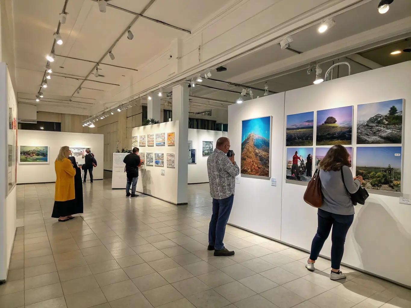 A member of PHOTO CLUB VEZERE MONEDIERES is showcasing their work at a local photography exhibition, with attendees admiring the displayed photographs. The event highlights the creative talent within the club.