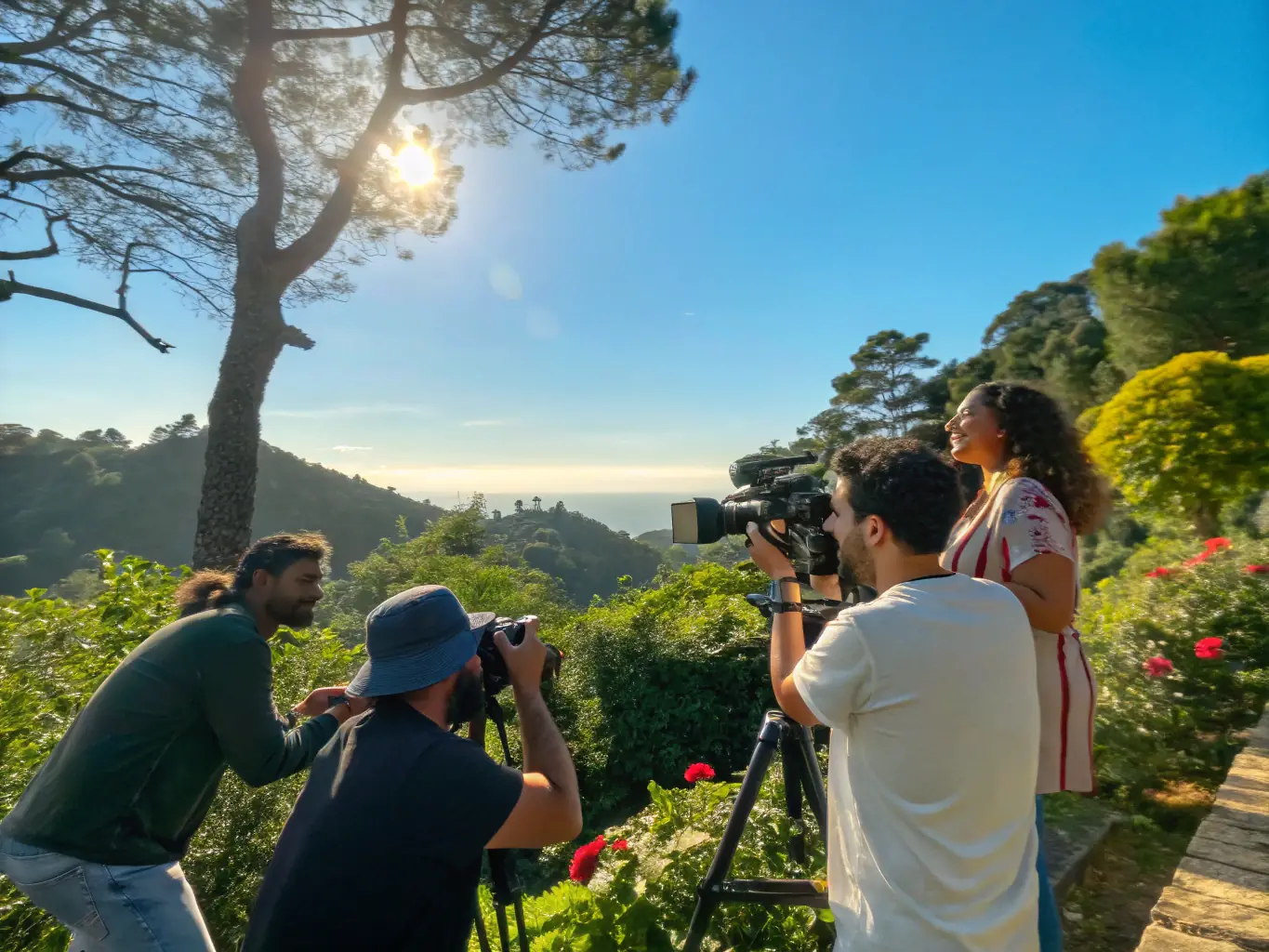 A group of PHOTO CLUB VEZERE MONEDIERES members are participating in a photography workshop, focusing on landscape photography techniques in a scenic outdoor setting. The atmosphere is collaborative and engaging.
